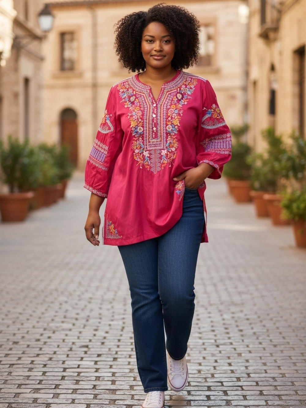 John Mark Womens XL Pink Embroidered Tunic Top Floral Boho  3/4 Sleeve